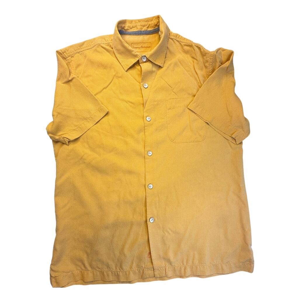 Tommy Bahama Camp Shirt 100% Silk Yellow Embroidered Marlin Resort